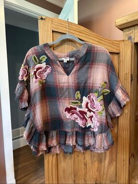 ivy jane Pink & Blue Plaid Embroidered Ruffle Peasant Top